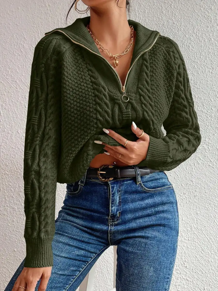 

Olive Green Cable Knit Zip-Up Pullover Sweater with Stand Collar