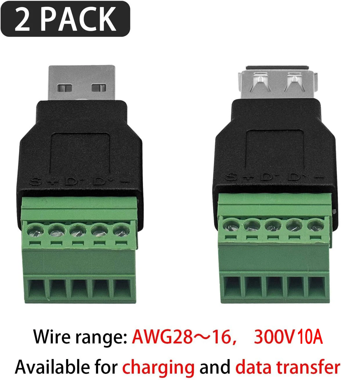 USB 2.0 Type A Male/Female to 5 Pin Screw Block Connector USB Jack with Shield USB2.0 to Screw Terminal Plug Adapter Converter