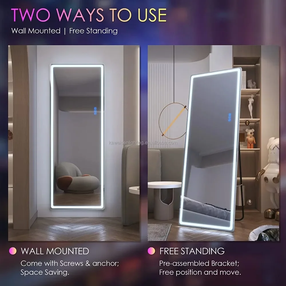 65 X 22 Full Body Lighted Mirror Free Standing Floor X Wall Mounted Hanging Design Full Length Mirror with RGB Lights Dimmable