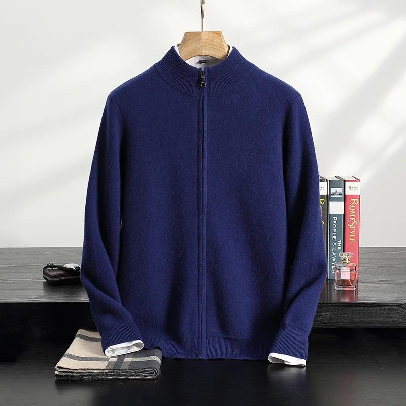 Best-Selling 100% Pure Cashmere Sweater Men\'s Cardigan Semi-High-Necked Zipper Long-Sleeved Cashmere Coat Business CasualSweater