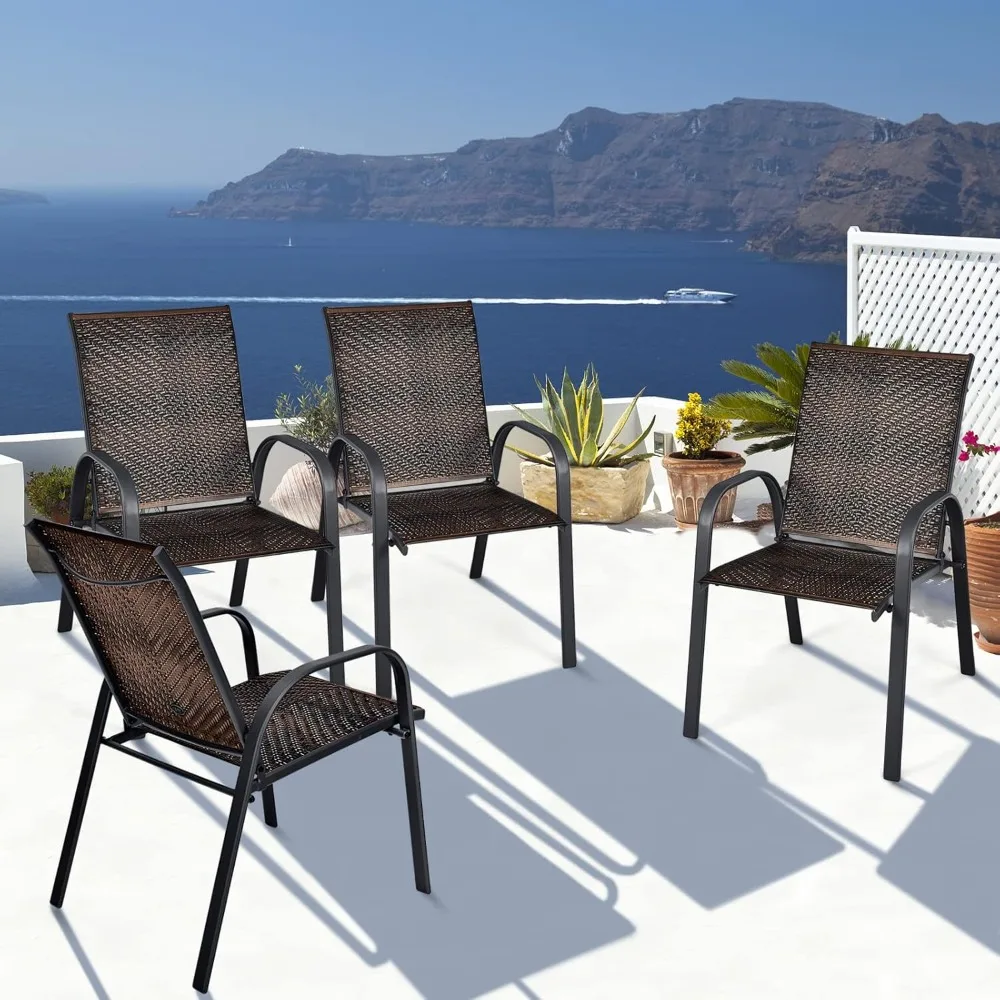 

Set of 6 Outdoor PE Wicker Stackable Chairs, Patio Dining Chairs with Sturdy Steel Frame, Outdoor Arm Chairs for Garden