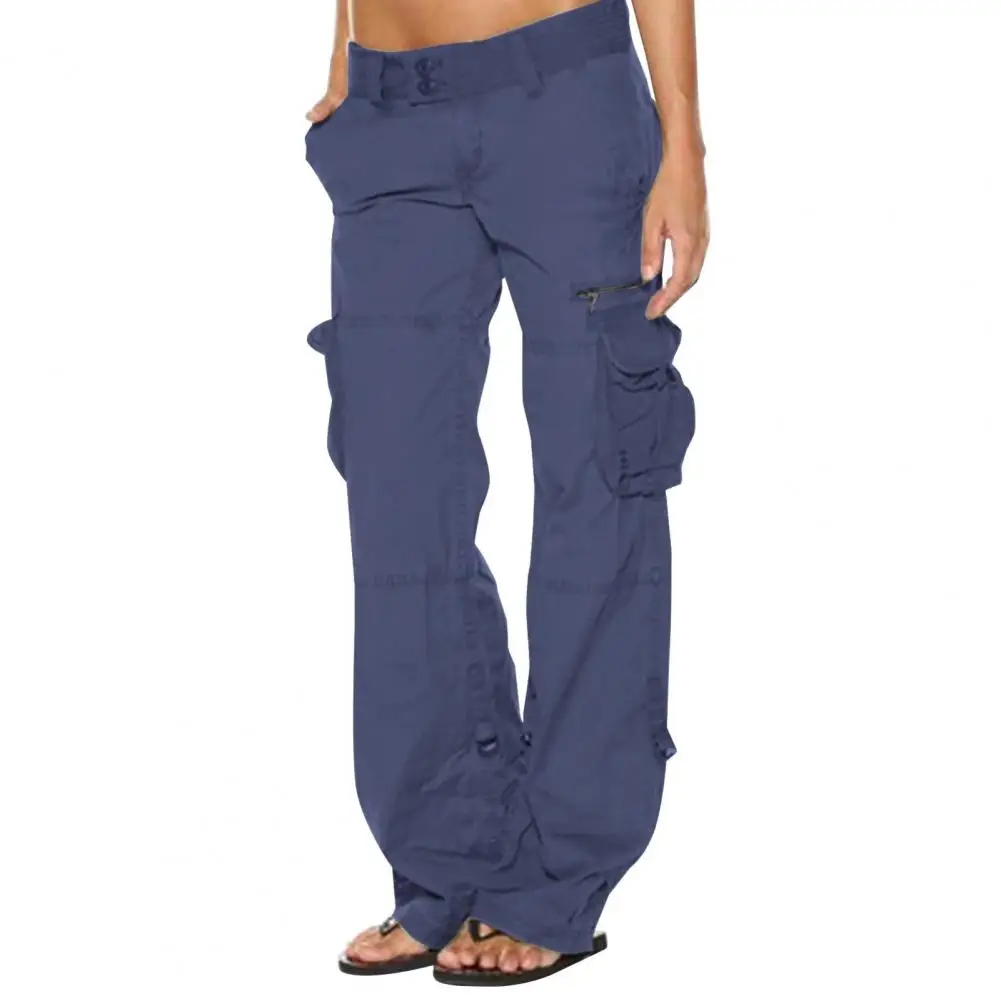 여성 카고 팬츠 로우라이즈 멀티 포켓 디자인 와이드 웨이스트 레트로 스타일 크롭 오버롤 솔리드 컬러 스트레이트 레그 여성 작업복 바지