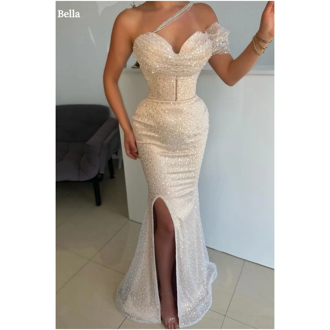 

Bella Customized White Sequins Beaded Side Slit robes de soirée Strapless Mermaid Party Dresses Floor-Length Prom Dress 2025
