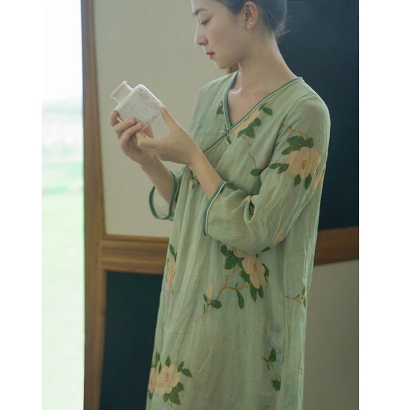 Vintage Robes Original Art Female Loose Qipao Chinese Improved Cheongsam Dress Women Printed V-neck Button Seven-point Sleeve