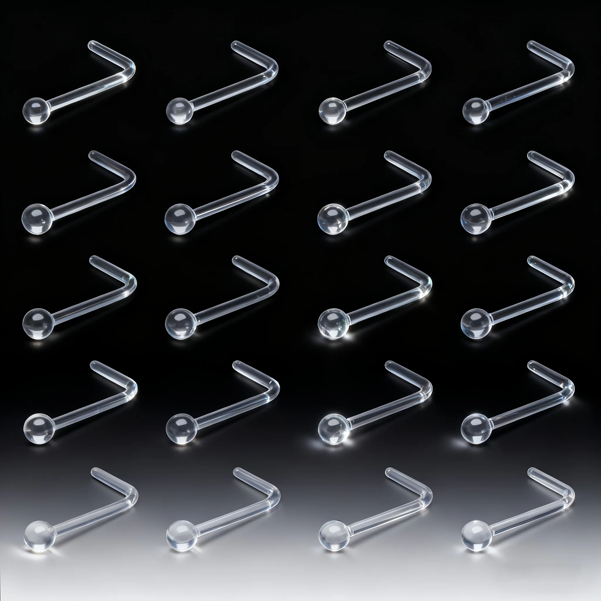 20pcs Clear Plastic Nose Studs - L-Shaped & S-Shaped Nose Rings, Ball Top Nose Piercing Jewelry, Flexible Bone Retainer