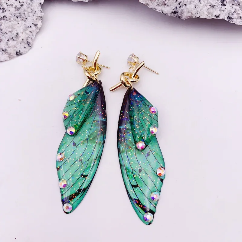 Minar Romantic Multicolor Resin Rhinestones Glitter Flake Butterfly Wings Knot Long Dangle Earrings for Women Holiday Jewelry