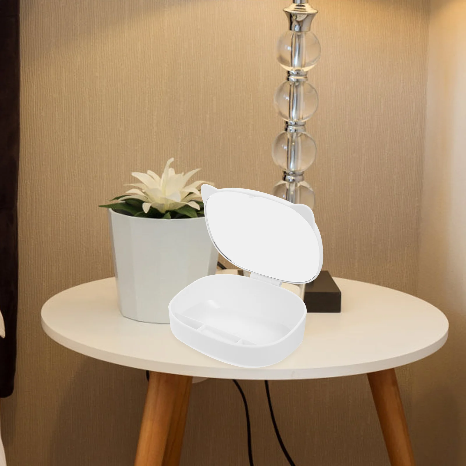 

Cat Ear Design Makeup Mirror Storage Case Multi-Grid Desktop Holder for Lipstick Nail Polish Skincare Products Organized