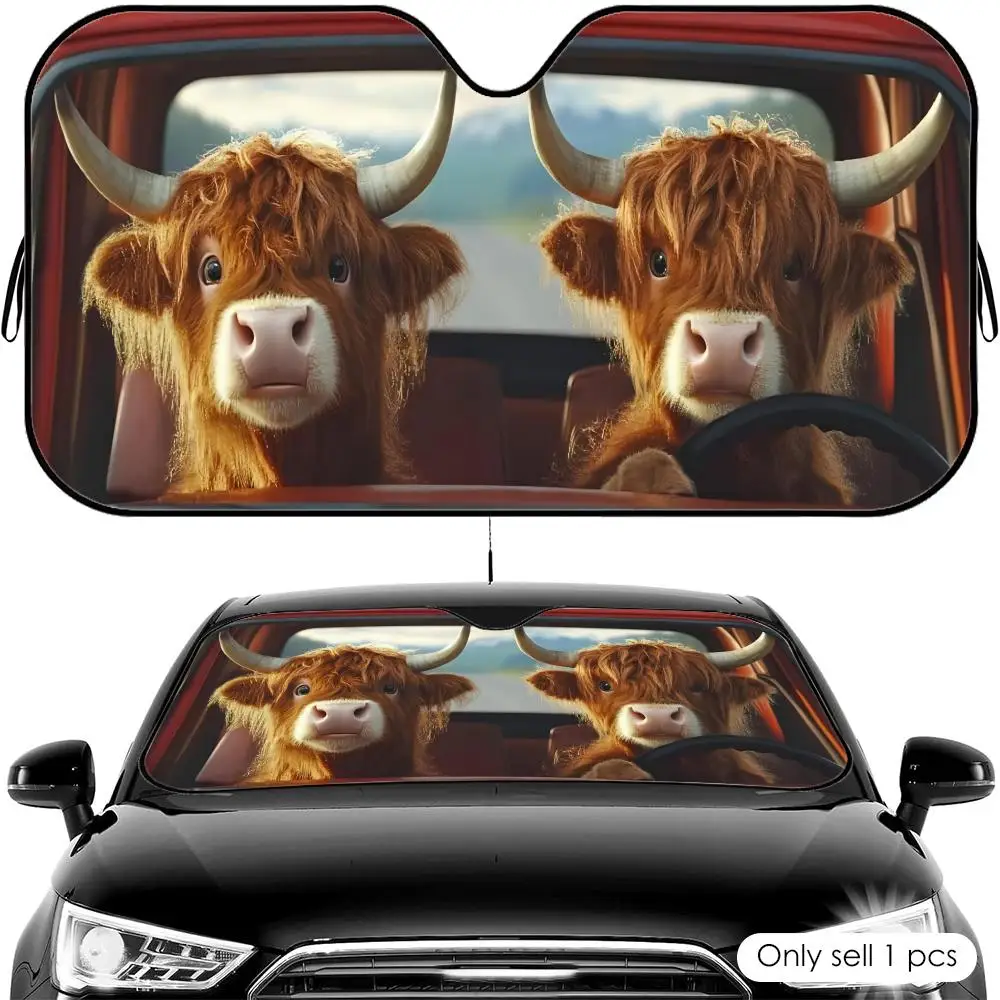 Cute Highland Cattle Sun Visor Foldable Universal Car Windshield Sun Shade UV Protection Heat Insulation Foldable Cover