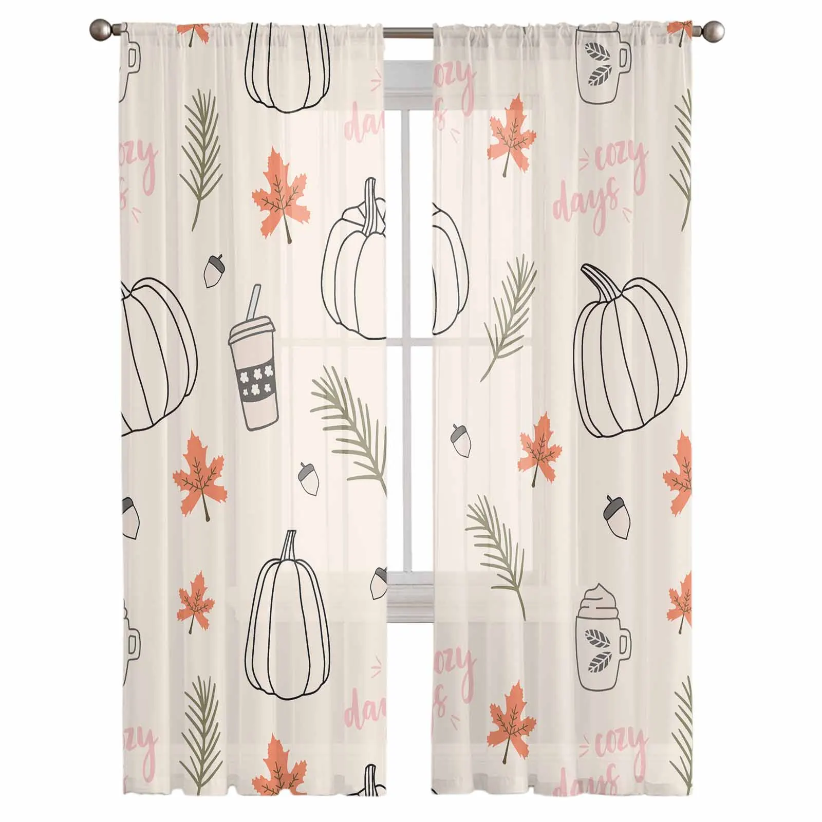 Thanksgiving Autumn Line Pumpkin Coffee Tulle Curtains for Living Room Bedroom Sheer Voile Curtain Home Decor Kitchen Curtain