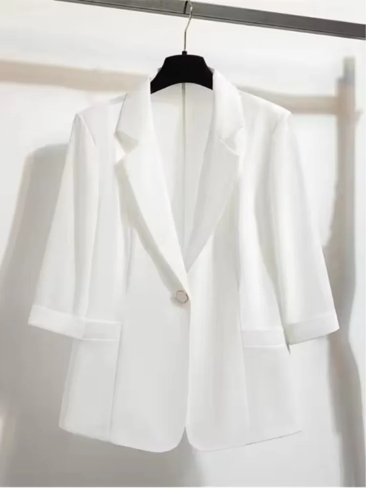 

Elegant Summer New White Thin Suit Jacket Women's Blouse Seven-Quarter Sleeve Short Coat One Button Lapel Tops