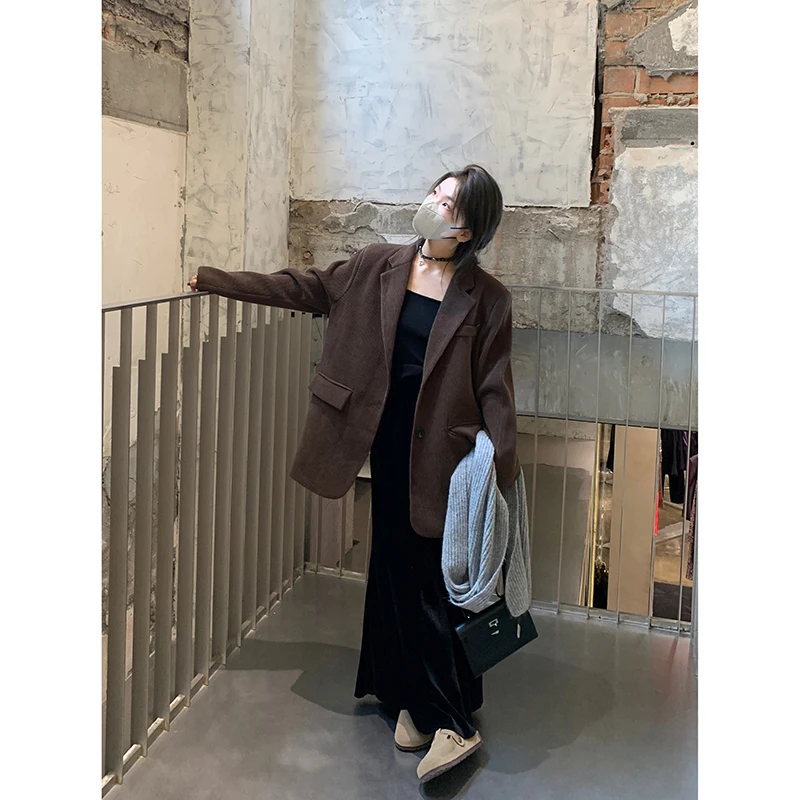 

Утепленный вельветовый ретро-жакет для женщин, осенне-зимний, свободный, повседневный, цвет кофе, с наполнителем