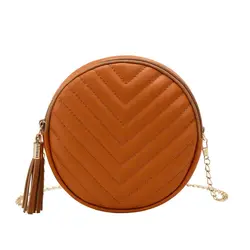 Fashionable V-shaped Line Line Small Round Bag PU Zipper MINI Handbag Tassel Cross-body Pouch Party