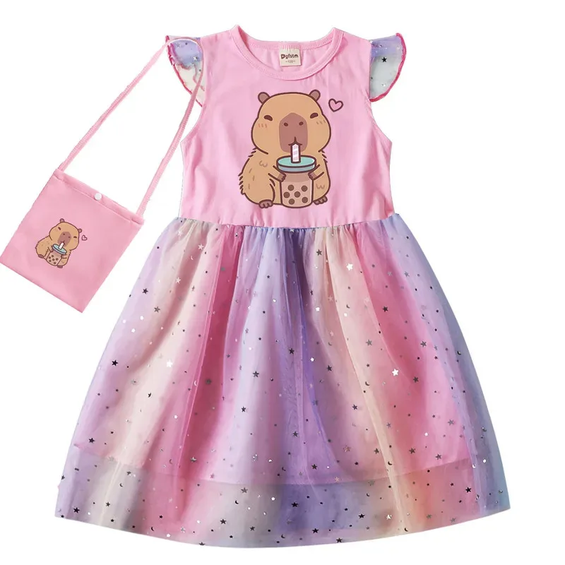 111 www فستان ملابس قطنية للأطفال لطيف كابيبارا مطبوع من الدانتيل فساتين الأميرة للفتيات الصغيرات هدية حفلة عيد ميلاد