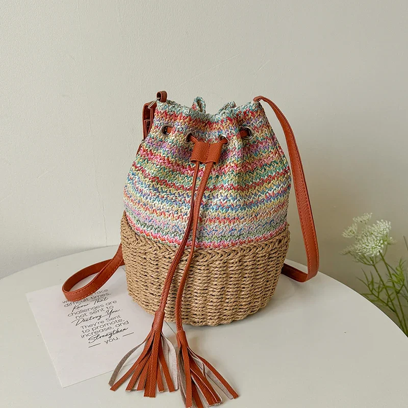 Stylish Woven Bucket Bag for Women 2024 New Simple Casual Straw Handbag with High-end Feeling Crossbody Shoulder Bag