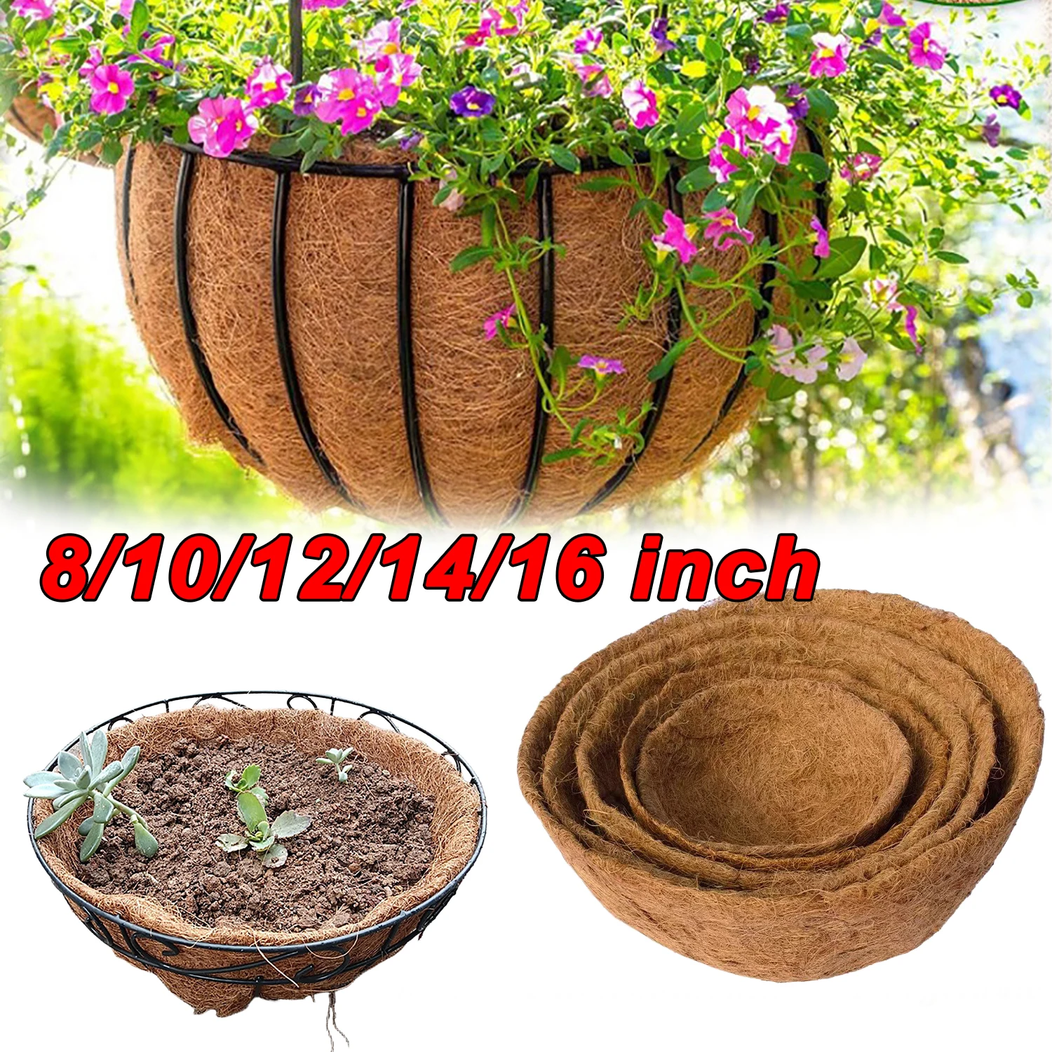 Coconut Fiber Hanging Basket Liner Round Replacement Liners for Hanging Basket Plant Garden Planting Supplies 8/10/12/14/16 Inch