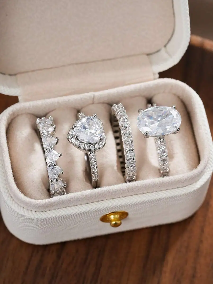 

4pcs Fashion Cubic Zirconia Rings With Gift Box For Women Wedding Engagement Anniversary Valentines Day