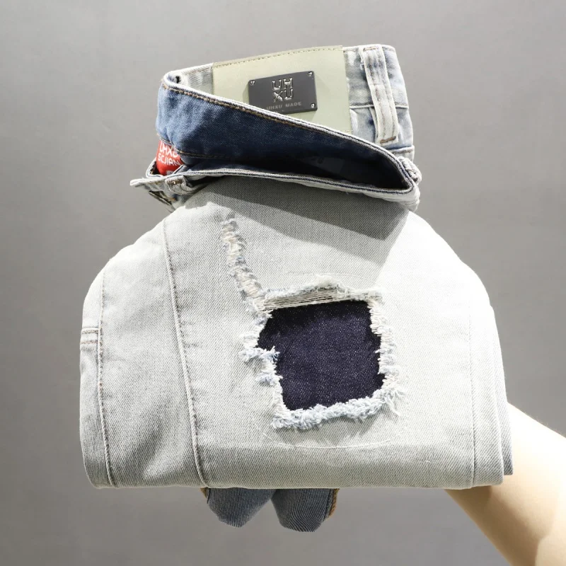 High End Trendy Light Blue Patchwork Distressed Jeans For Men'S Spring New Embroidered Patch Slim Fit Straight Leg Pants