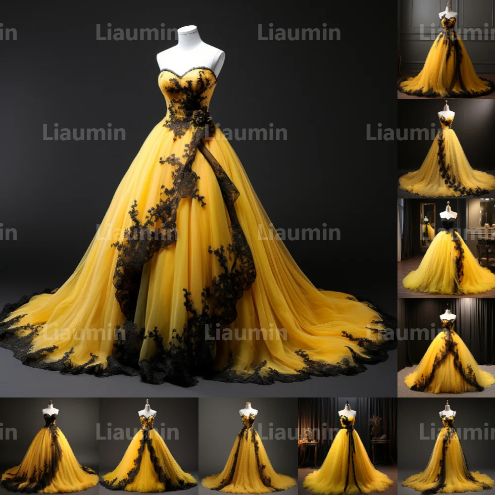 Yellow Tulle And Black Strapless Evening Dress Prom Gowns A Line Full Length Formal Brithday Party Clothing Lace Up Back A2-6