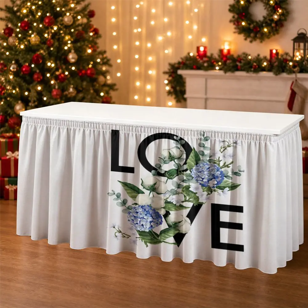One-piece table skirt decoration with heart pattern, blue and white flowered ruffled edge tablecloth
