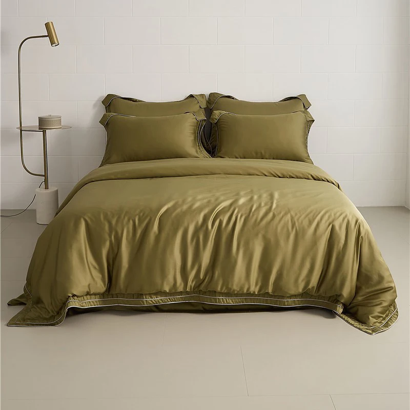 

2024 Long-staple Cotton Four-piece Bed Linen New Stitching Embroidery Plain Color Cotton Bedding Light Luxury Style Green Color