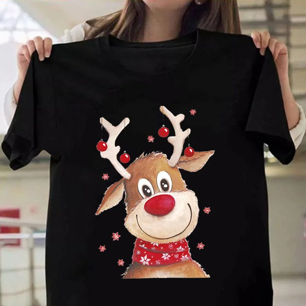 New model Christmas Reindeer Pattern T-Shirts Deer Women Fashion Short Sleeve Streetwear Harajuku Unisex Tees Tops Clothing