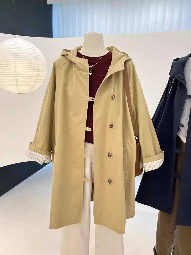 Autumn hooded trench coat large size loose tooling retro high-end medium and long coat tide