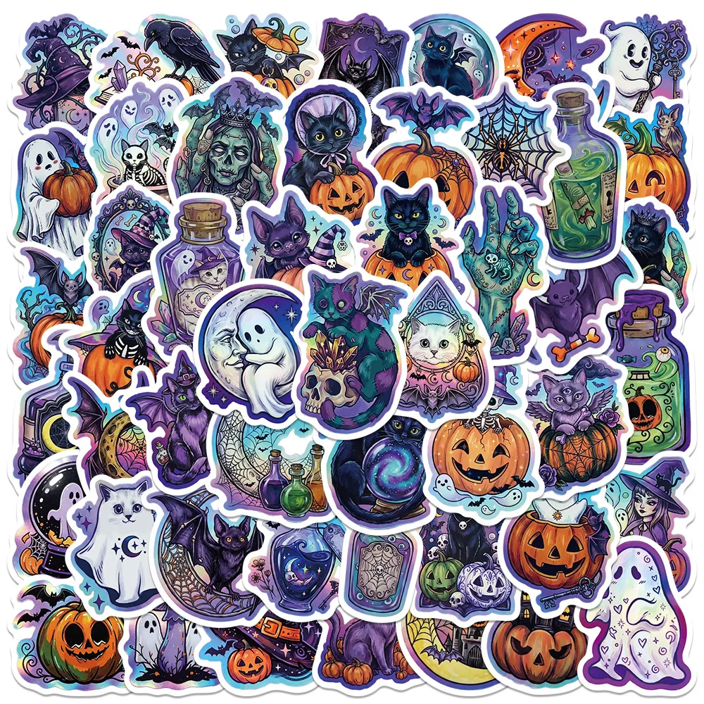 50Pcs Holographic Magic Witch Pumpkin Black Cat Ghost Stickers Halloween Gothic Decals DIY Phone Bike Waterproof Stickers