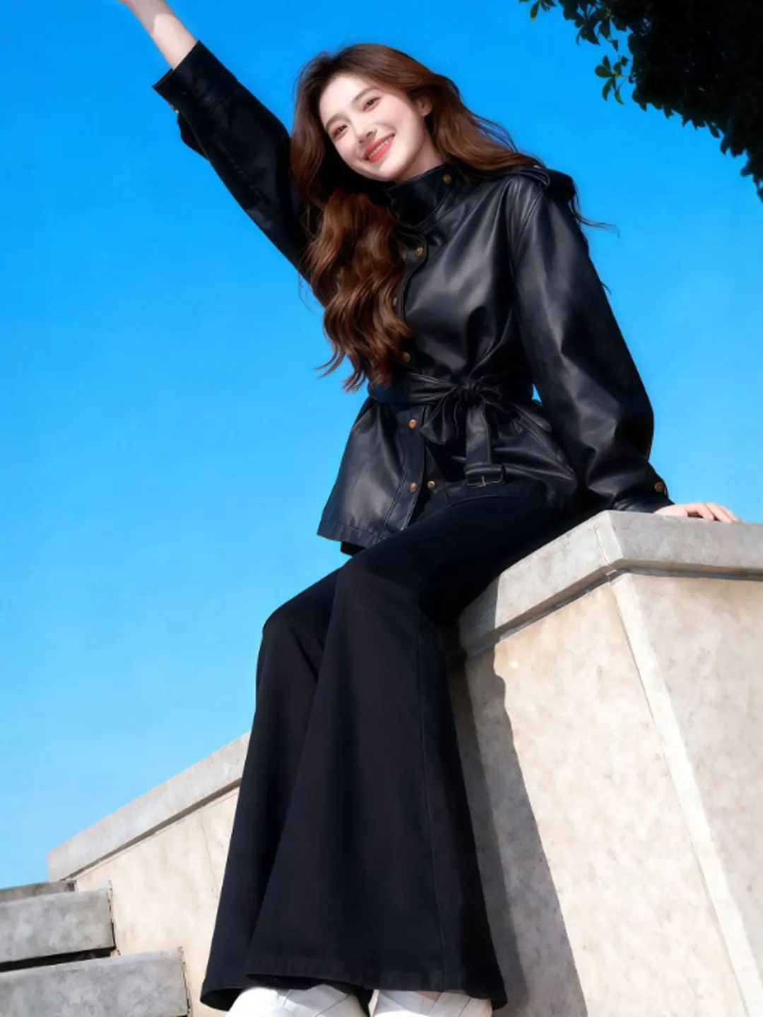 Jaqueta Retro de Couro PU com Cintura Ajustada, Ajuste Slim, Moda Gentil, Roupa de Inverno para Mulheres Jovens