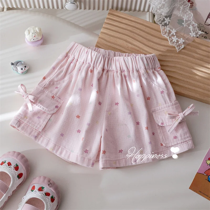 Girls Casual Shorts Summer Kids Fashion Printed Bow Cargo Pants New Children Loose Versatile Sweatpants Toddler Clothing
