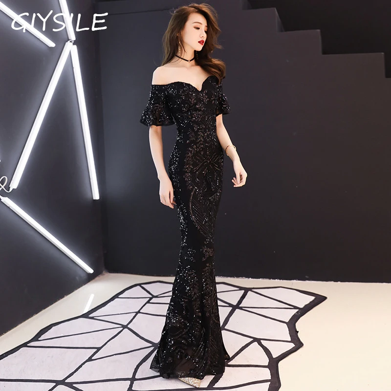 

GIYSILE One Shoulder Sequin Dress Sexy Slim Fit Fishtail Bride Dress Black Evening Dresses Party Dresses Women Evening 4 Colors