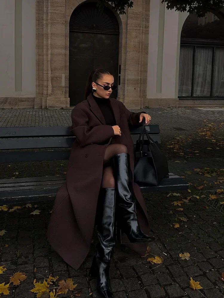 

Пальто с широкими плечами и лацканами, женское шикарное двубортное свободное пальто с длинными рукавами, мода 2025 года, новая осенняя женская уличная верхняя одежда