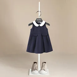 Autumn Girls Sleeveless Dark Blue School Uniform Dress Kids Casual Wear Children Costume Toddler Girl Party Princess Clothes