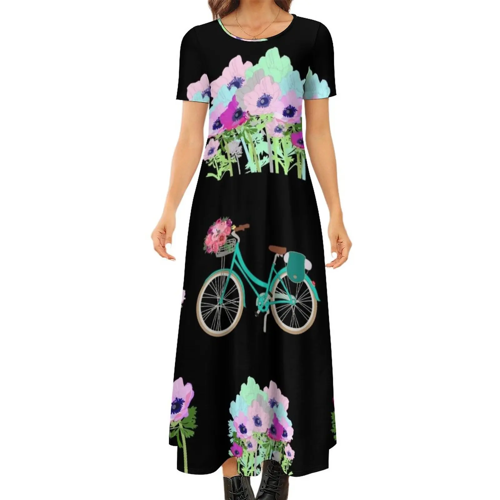 

Spring flowers and bicycle Round Neck Short Sleeve Dress Long dress Dress women elegant guest wedding