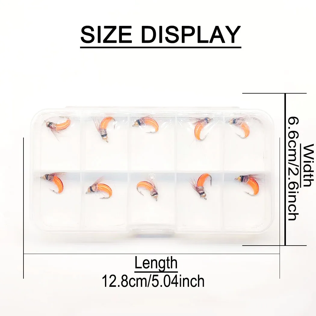 10 Stück-mit Fliegenbox Fliegenfischen Fliegen Künstlicher BeadHead Nymphe Orange Trockenfliegen Köder zum Angeln Forellen Nymphenköder – Detail 5