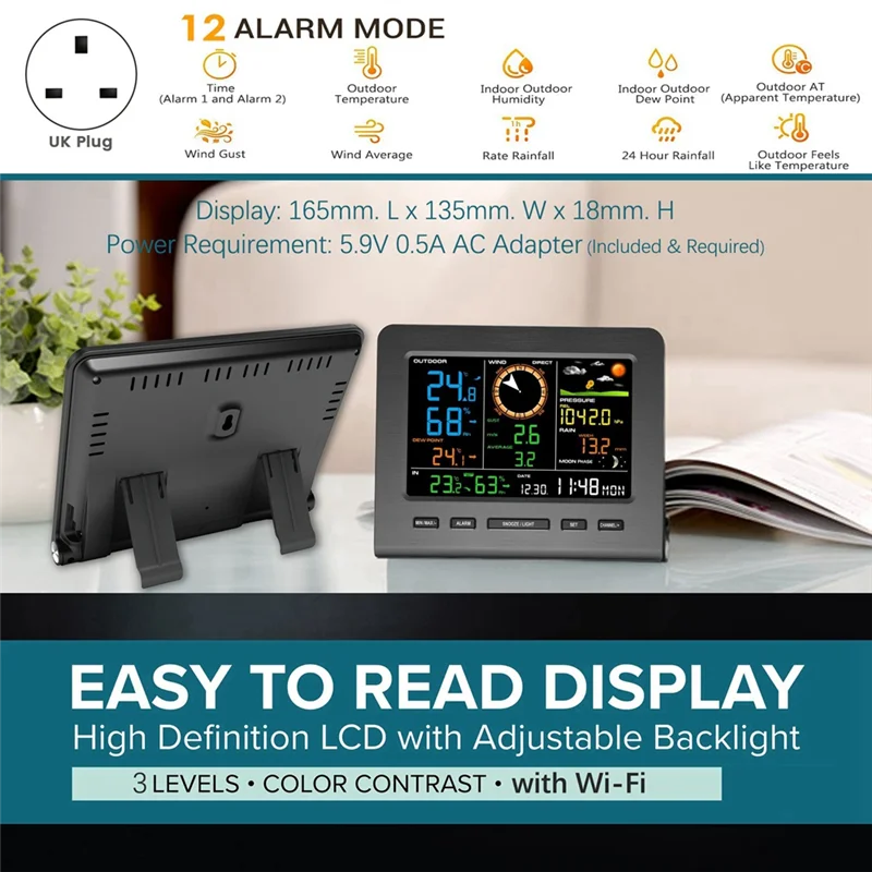 Stazione meteorologica Wi-Fi AA84 con display di monitoraggio remoto Velocità del vento Meteo Temperatura Umidità Dati Spina UK