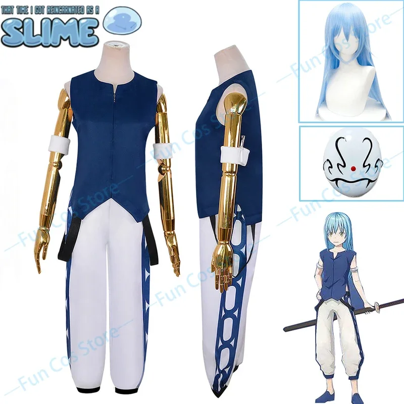 Rimuru Tempest Cosplay Costume avec perruque, cette fois, je me suis réincarné en Slime, Anime, chemise bleue, pantalon, uniforme, accessoires de cheveux