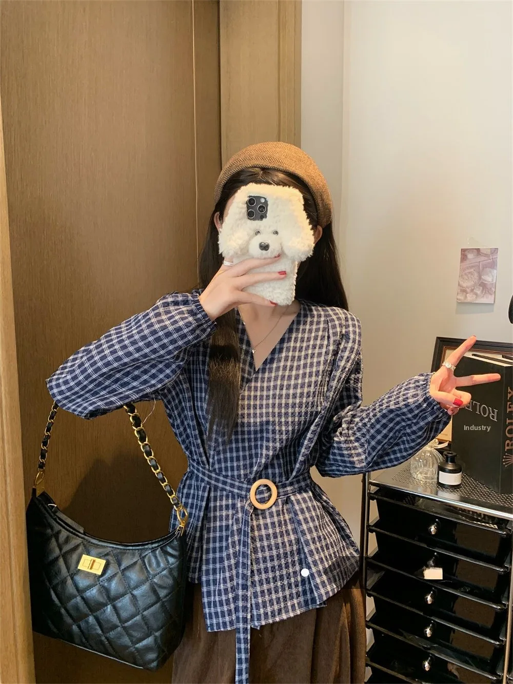

Корейская женская рубашка в темно-синюю клетку с длинным рукавом, зимняя модная блузка с поясом на талии, трендовый элегантный топ для женщин