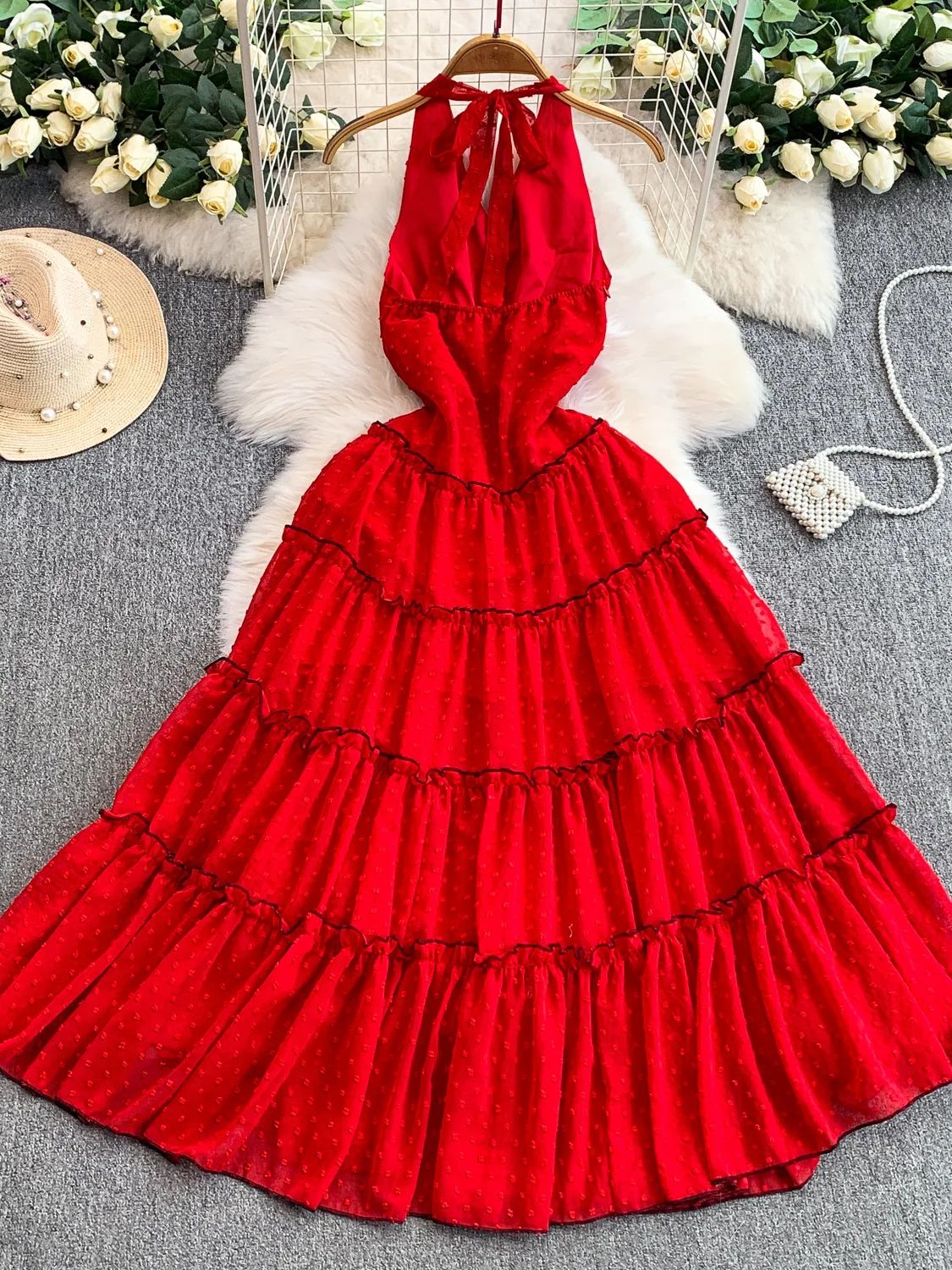 فستان Beach Vaion Sle نسائي بدون أكتاف مع حاشية منتفخة على شكل حرف A صورة ظلية للتخسيس الخصر عالي الخصر بدون Sve Dr #4