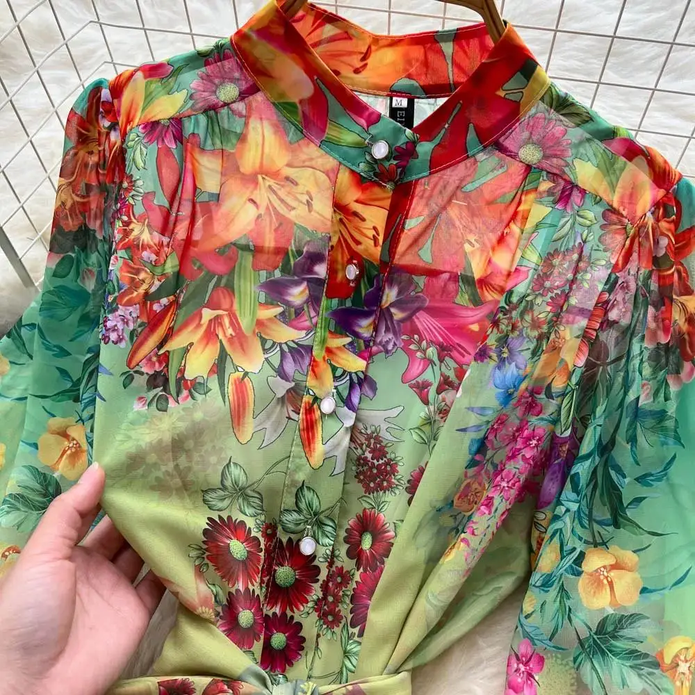 Grande robe trapèze imprimée pour femmes, manches lanternes, col montant, simple boutonnage, Design à lacets, robes longues Vintage, printemps 2025