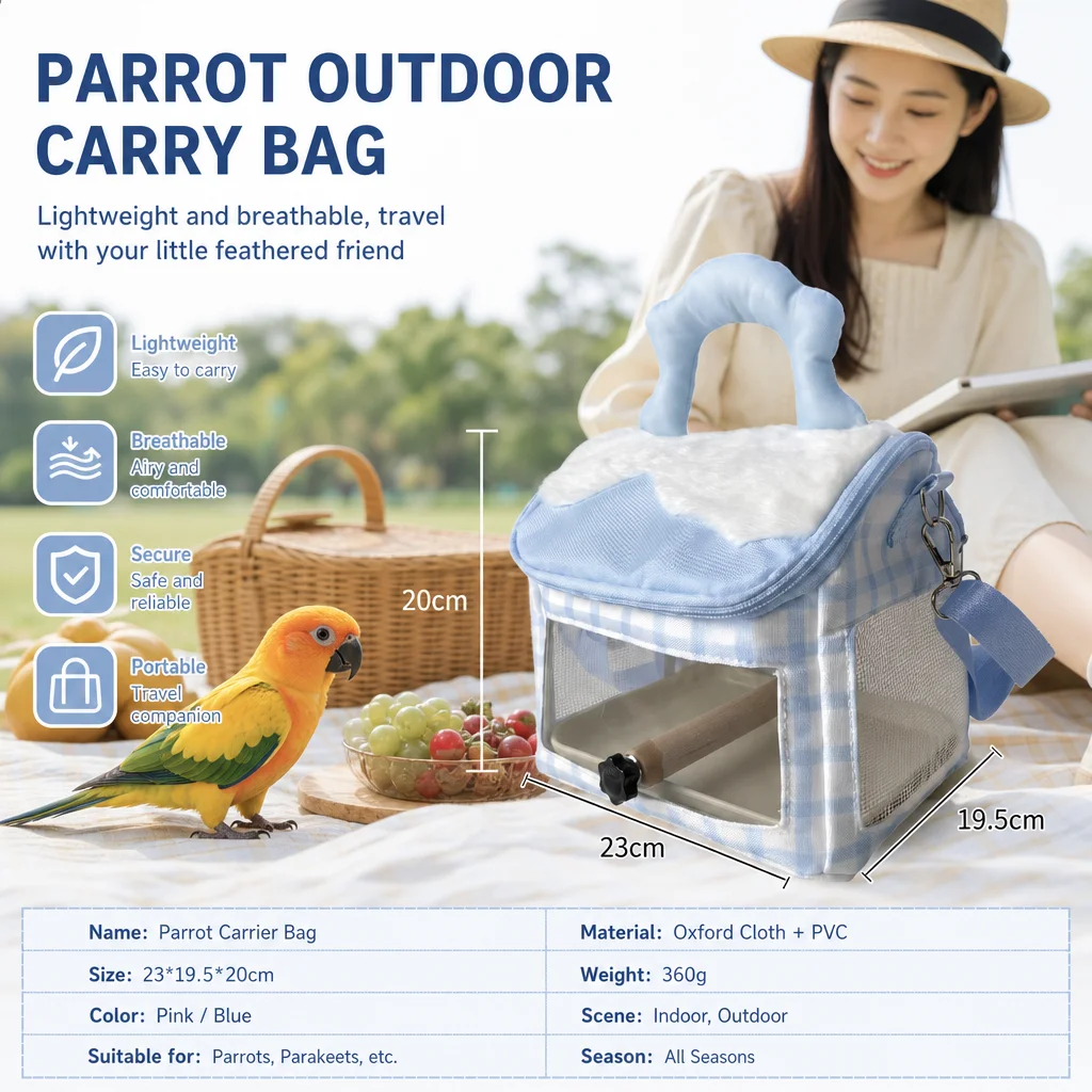 Portable Bird Travel Carrier Bag with Wooden Perch, plastic Tray & Feeding Cup, Waterproof Breathable Mesh Parrot