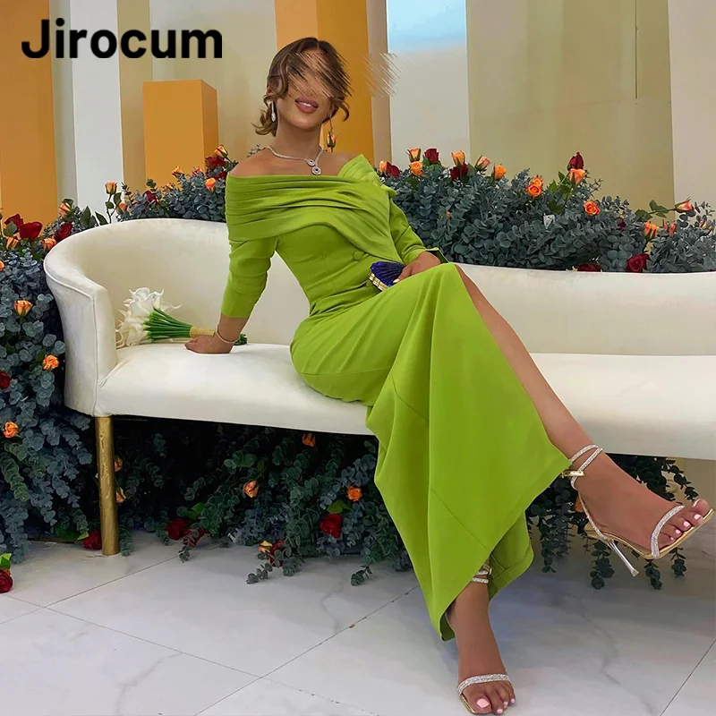 Jirocum Green Off Shoulder Evening Gown Women Mermaid Button Party Prom Dress Elegant customized Satin Special Occasion Gowns