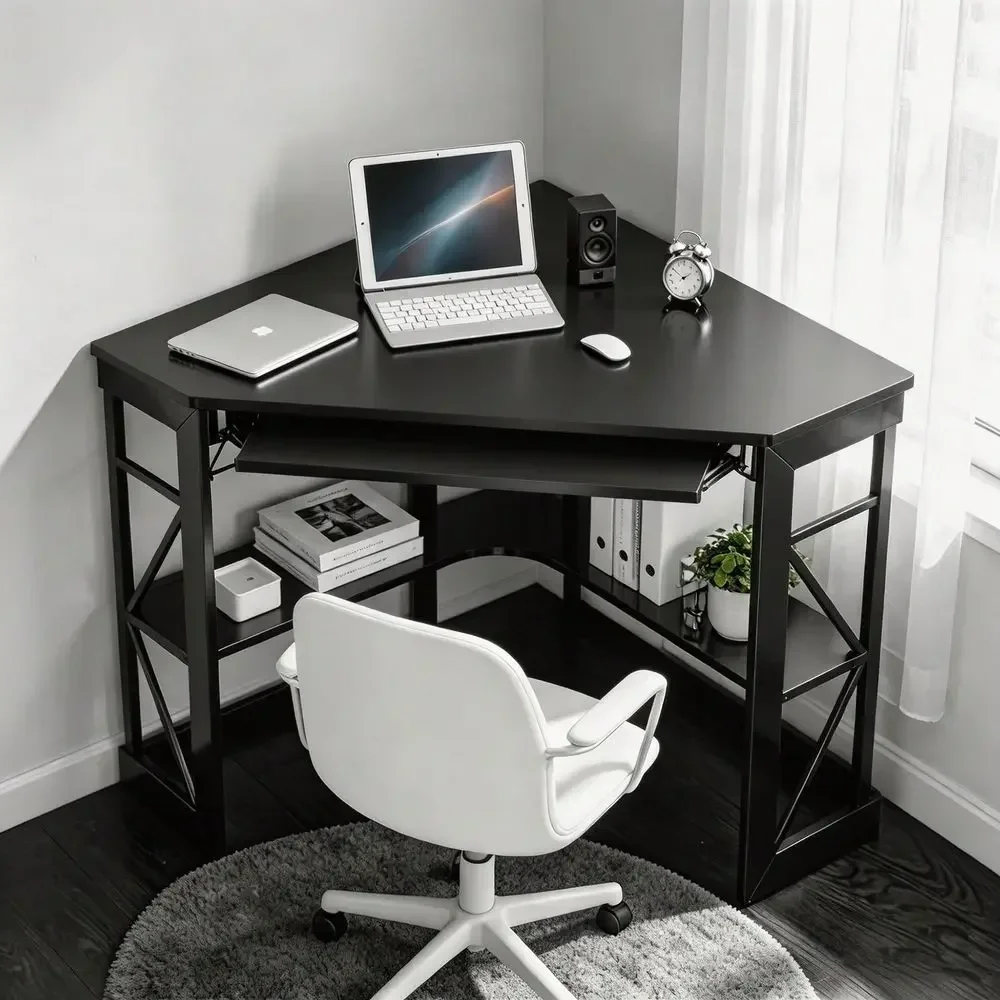 Triangle Corner Computer Desk With Keyboard Tray, Sturdy Frame And Storage Shelves For Home Office.