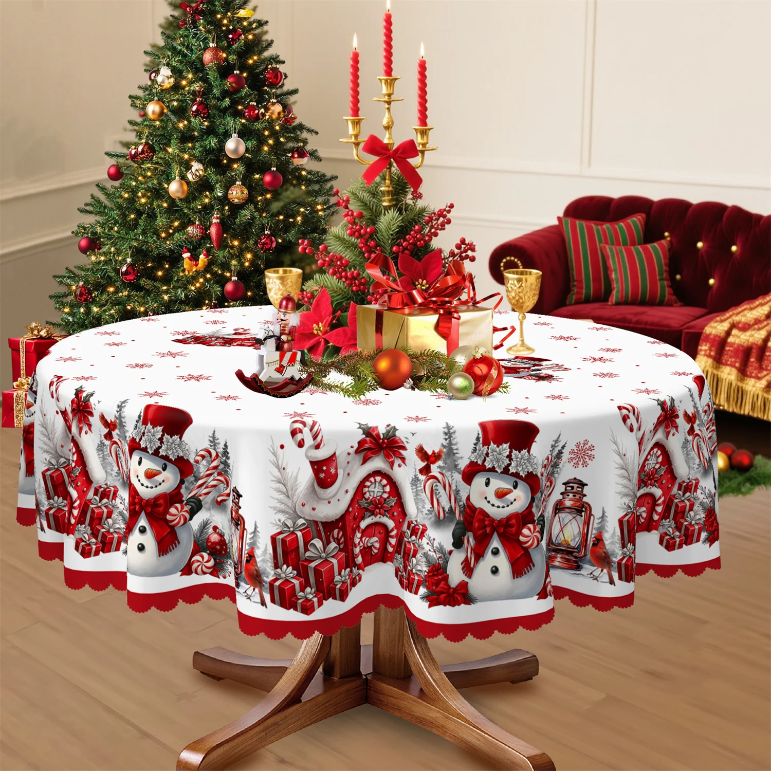One Christmas tablecloth, a red geranium snowman pine tree gift snowflake cottage design, circular shapezyc