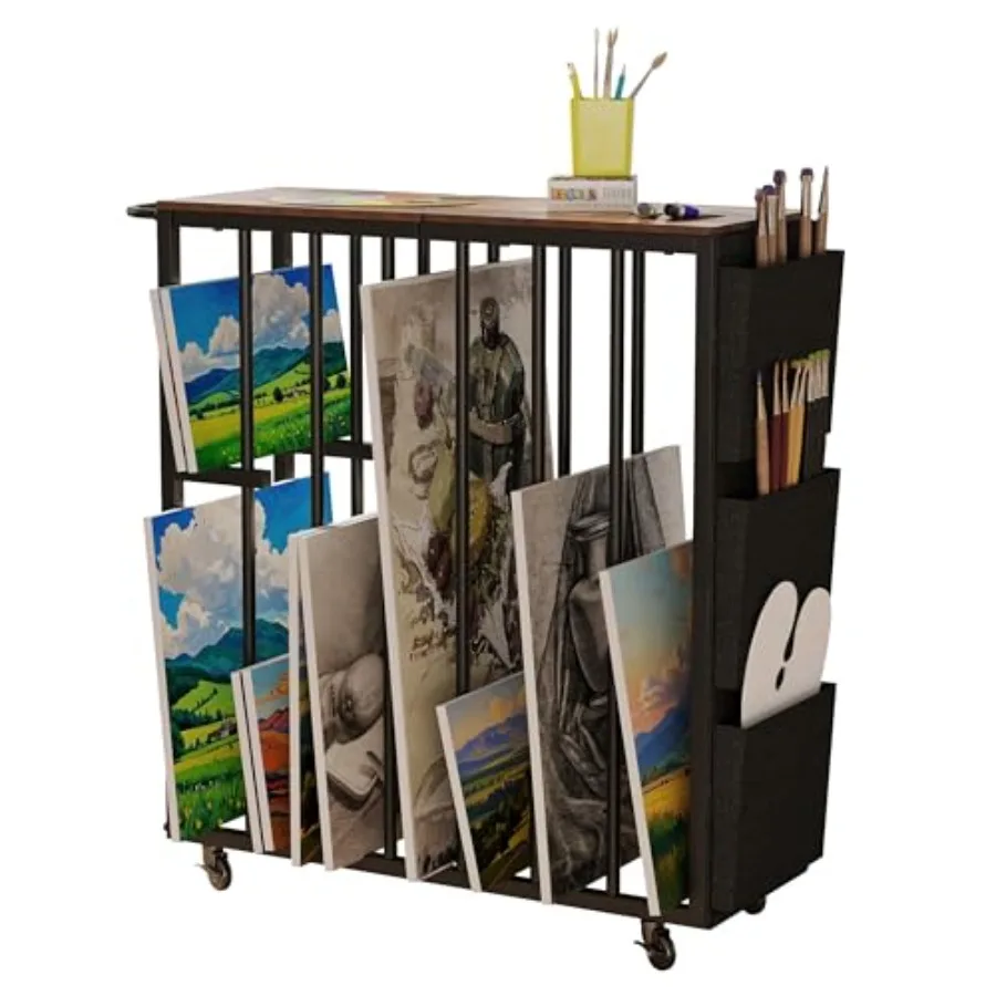 

Large Art Storage Rack with Wheels and Handle, Metal Art Storage Organizer with Side Pockets, Art Display Stands Drying Paintin