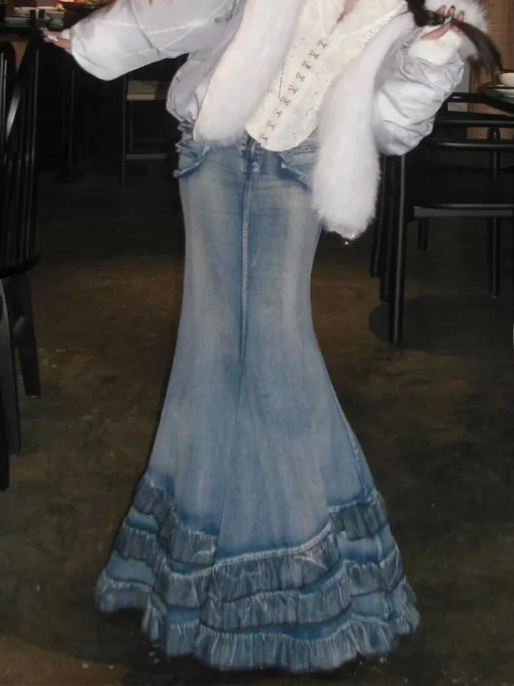 

Ретро-юбка из денима в американском стиле с эффектом «рыбий хвост», женская, облегающая, в пол, с запахом, с завышенной талией, А-силуэт, в стиле панк