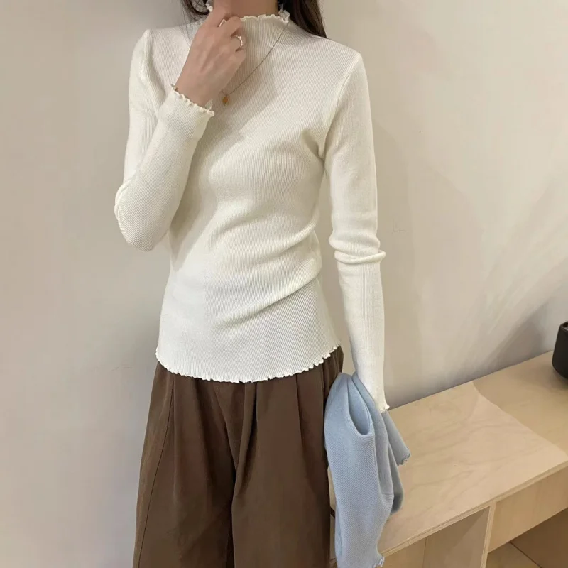 

2025Осенне-зимняя новая полуводолазка с рюшами, вязаная базовая рубашка для женщин, облегающий стильный свитер, пуловер, внутренняя одежда