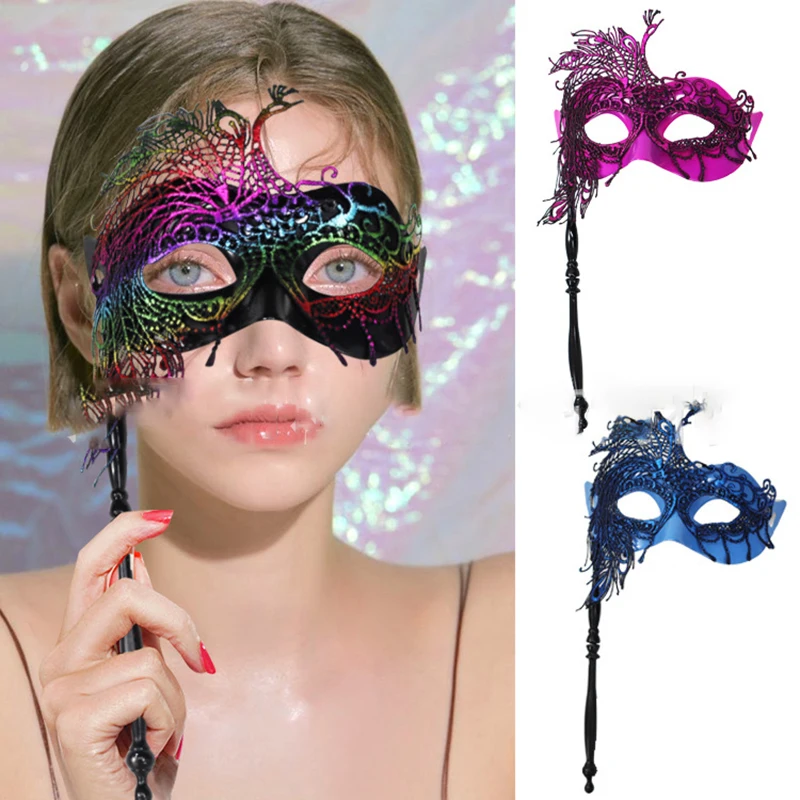 Creative Women'S Gold Plated Lace Handheld Stick Mask Makeup Ball Decoration Venice Carnival Halloween Party Accessories