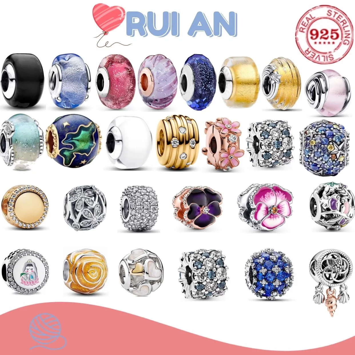 

Hot selling 100% 925 sterling silver fashion blue pink purple glass flower DIY charm beads women's high-end jewelry accessories