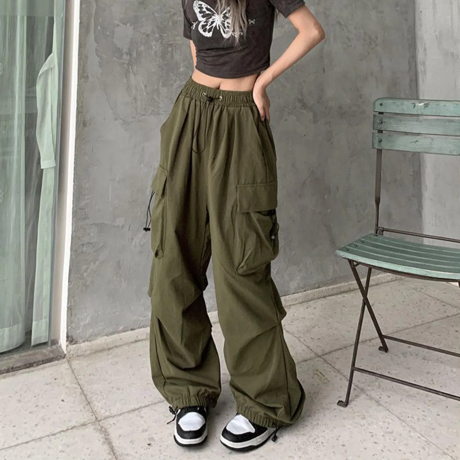 

Women Y2K Cargo Pants Female Big Pockets Casual Trousers High Waist Drawstring Baggy Sweatpants 2024 Summer