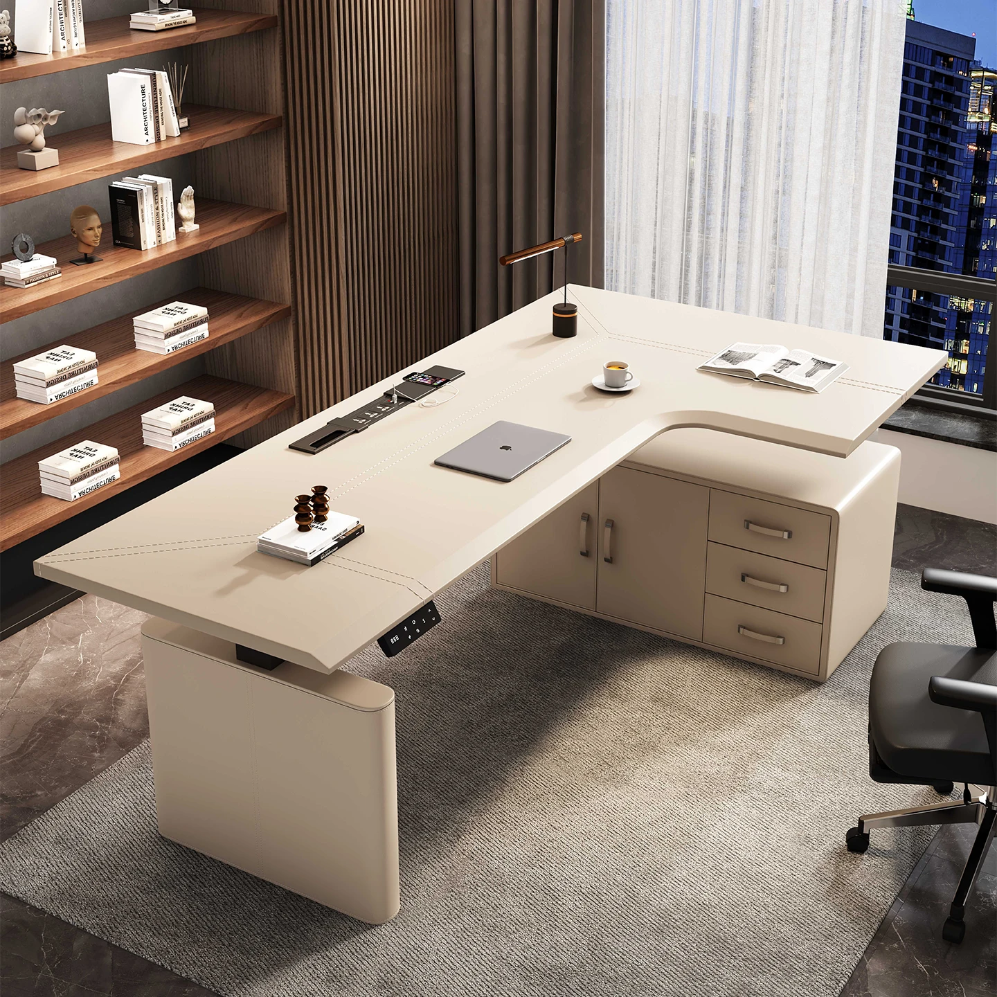 Corner electric lift table saddle leather smart computer table L shape